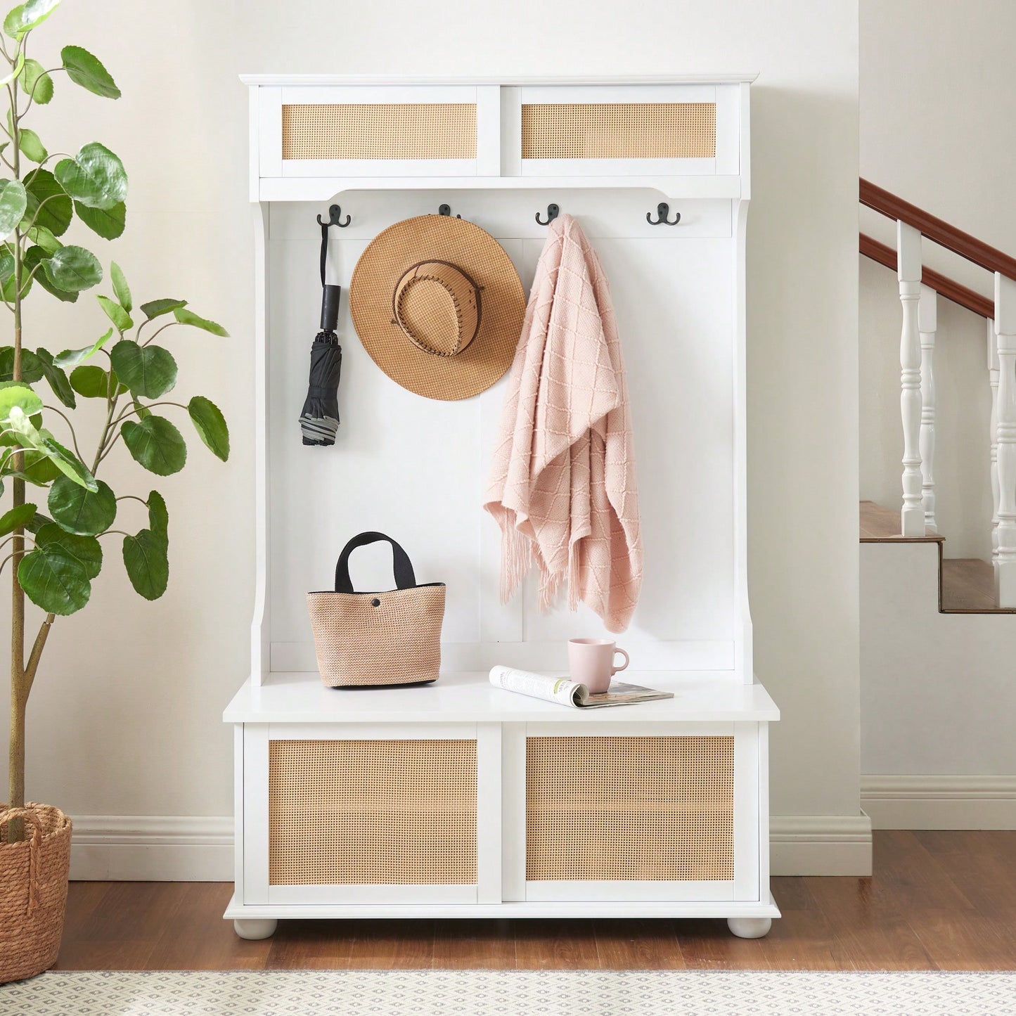 Stylish Entryway Hall Tree With Storage Bench And Rattan Door, Shoe Rack Organizer, 40.16"W*18.58"D*64.17"H