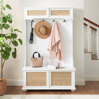 Stylish Entryway Hall Tree With Storage Bench And Rattan Door, Shoe Rack Organizer, 40.16"W*18.58"D*64.17"H