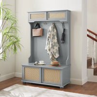 Stylish Entryway Hall Tree With Storage Bench And Rattan Door, Shoe Rack Organizer, 40.16"W*18.58"D*64.17"H