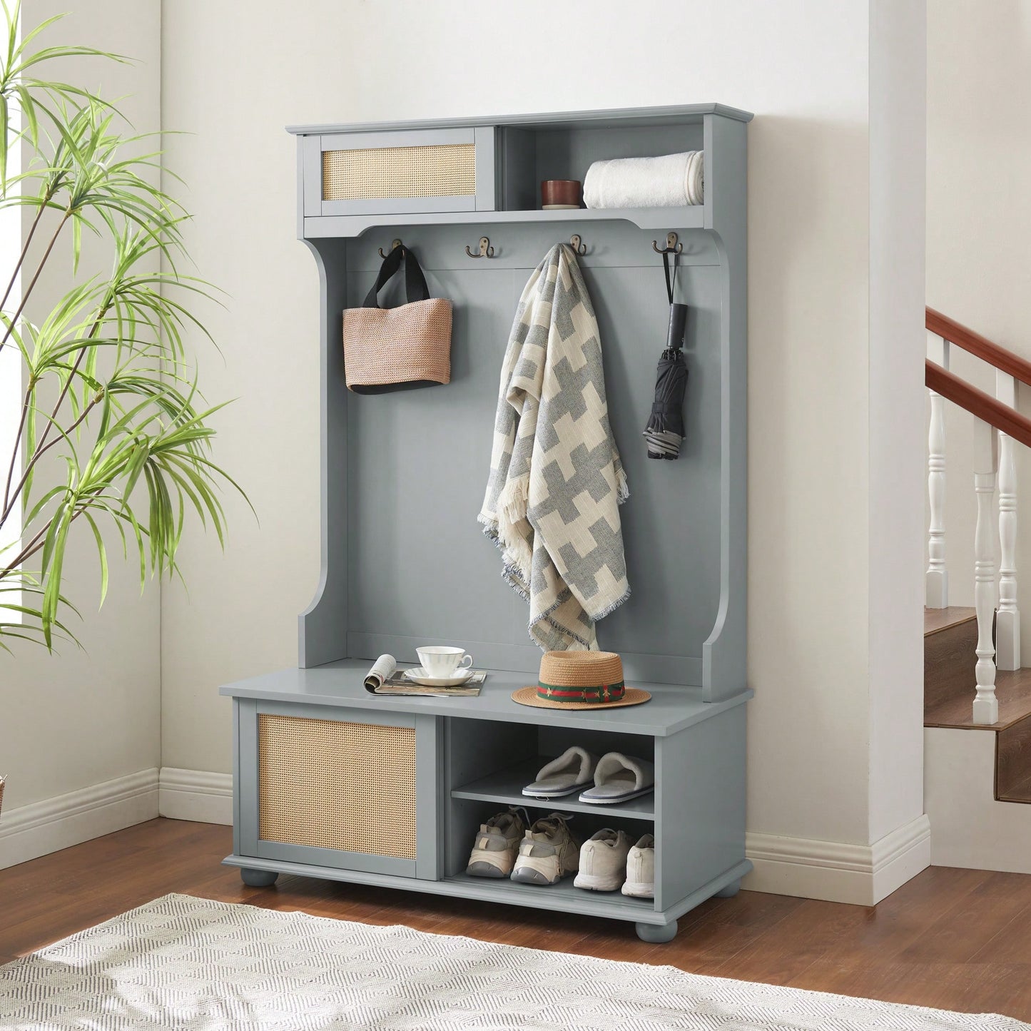 Stylish Entryway Hall Tree With Storage Bench And Rattan Door, Shoe Rack Organizer, 40.16"W*18.58"D*64.17"H