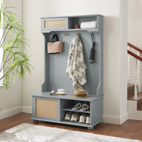 Stylish Entryway Hall Tree With Storage Bench And Rattan Door, Shoe Rack Organizer, 40.16"W*18.58"D*64.17"H