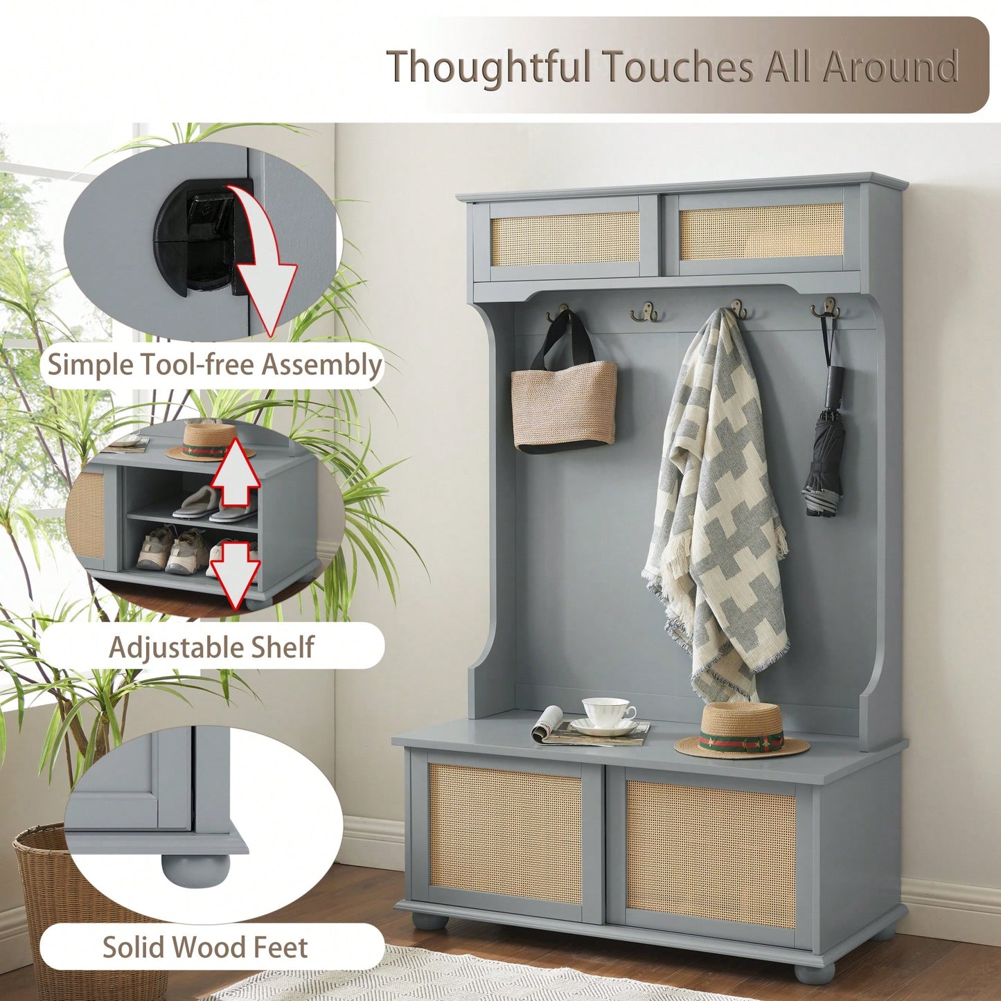 Stylish Entryway Hall Tree With Storage Bench And Rattan Door, Shoe Rack Organizer, 40.16"W*18.58"D*64.17"H