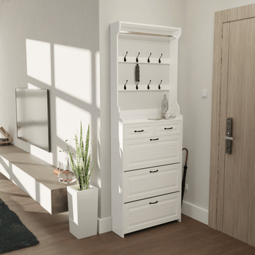 3-Door Shoe Cabinet With 2 Drawers And Hanger Spacious Storage Solution White