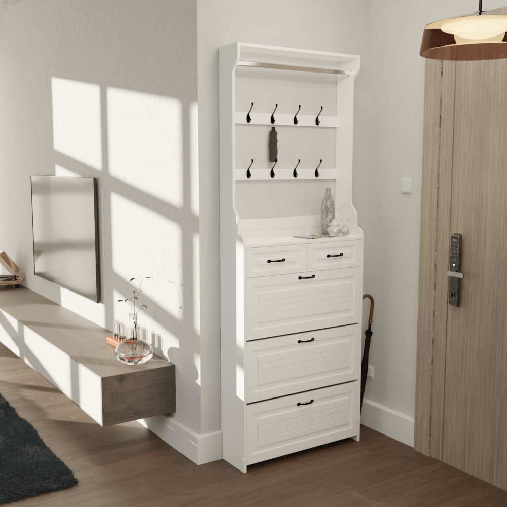 3-Door Shoe Cabinet With 2 Drawers And Hanger Spacious Storage Solution White