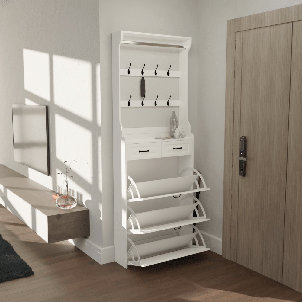 3-Door Shoe Cabinet With 2 Drawers And Hanger Spacious Storage Solution White