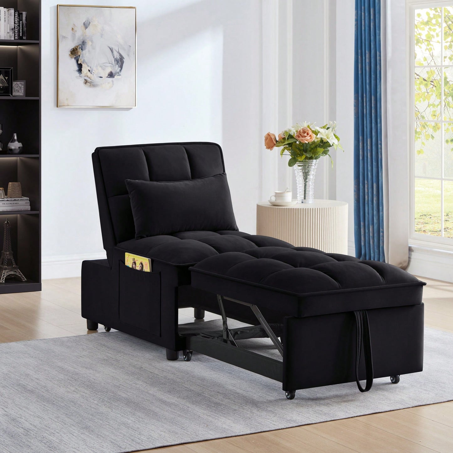 4 In 1 Multi-Function Sofa Bed With Storage Pockets Adjustable Backrest And Pillows Convertible Chaise Lounge In Black