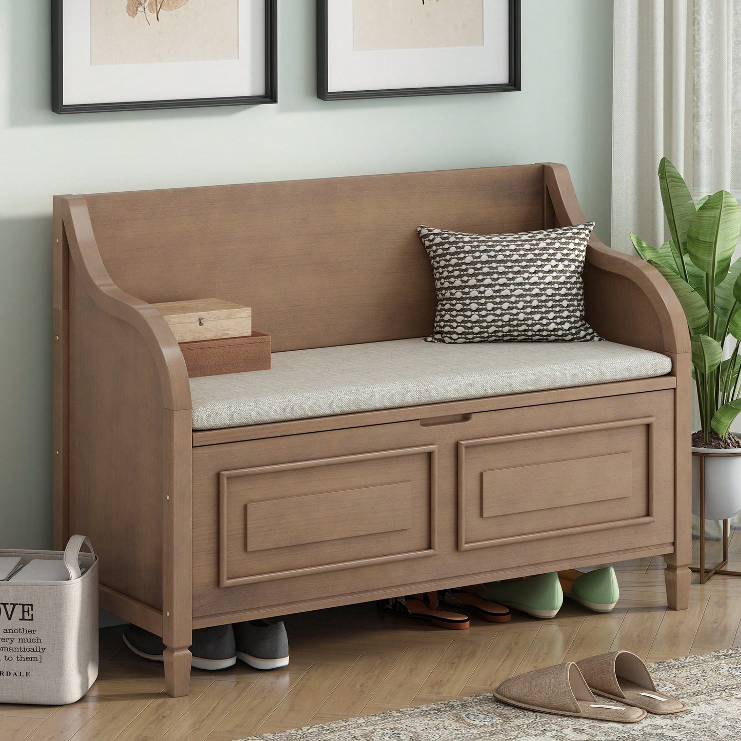 Rustic Solid Wood Entryway Storage Bench With Safety Hinge In Brown And Beige For Multifunctional Use