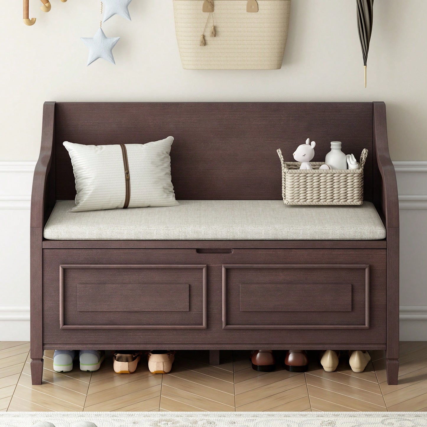 Rustic Solid Wood Entryway Storage Bench With Safety Hinge In Brown And Beige For Multifunctional Use