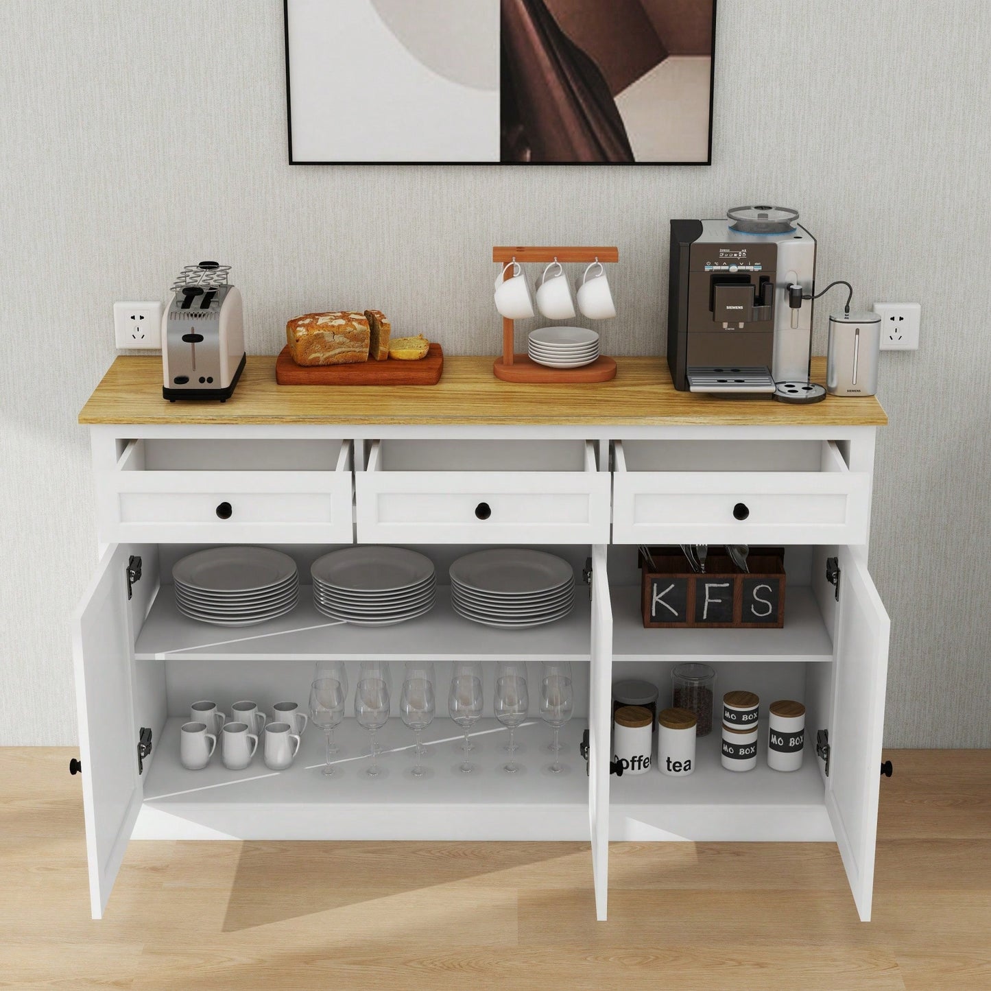 Elegant Farmhouse Buffet Cabinet With Storage, 3 Drawers And 3 Doors, Adjustable Shelves For Dining Room, Living Room, Kitchen, White Finish