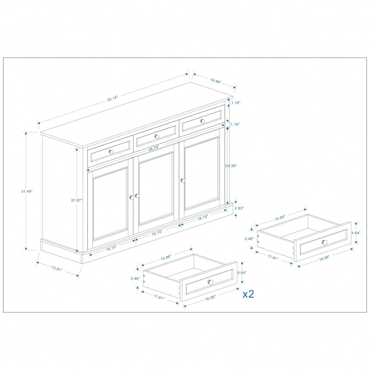 Elegant Farmhouse Buffet Cabinet With Storage, 3 Drawers And 3 Doors, Adjustable Shelves For Dining Room, Living Room, Kitchen, White Finish