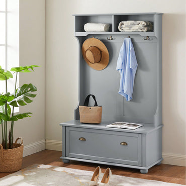 Modern Entryway Hall Tree With Shoe Rack And Coat Hooks Storage Bench Gray 40.16"W 18.58"D 64.17"H