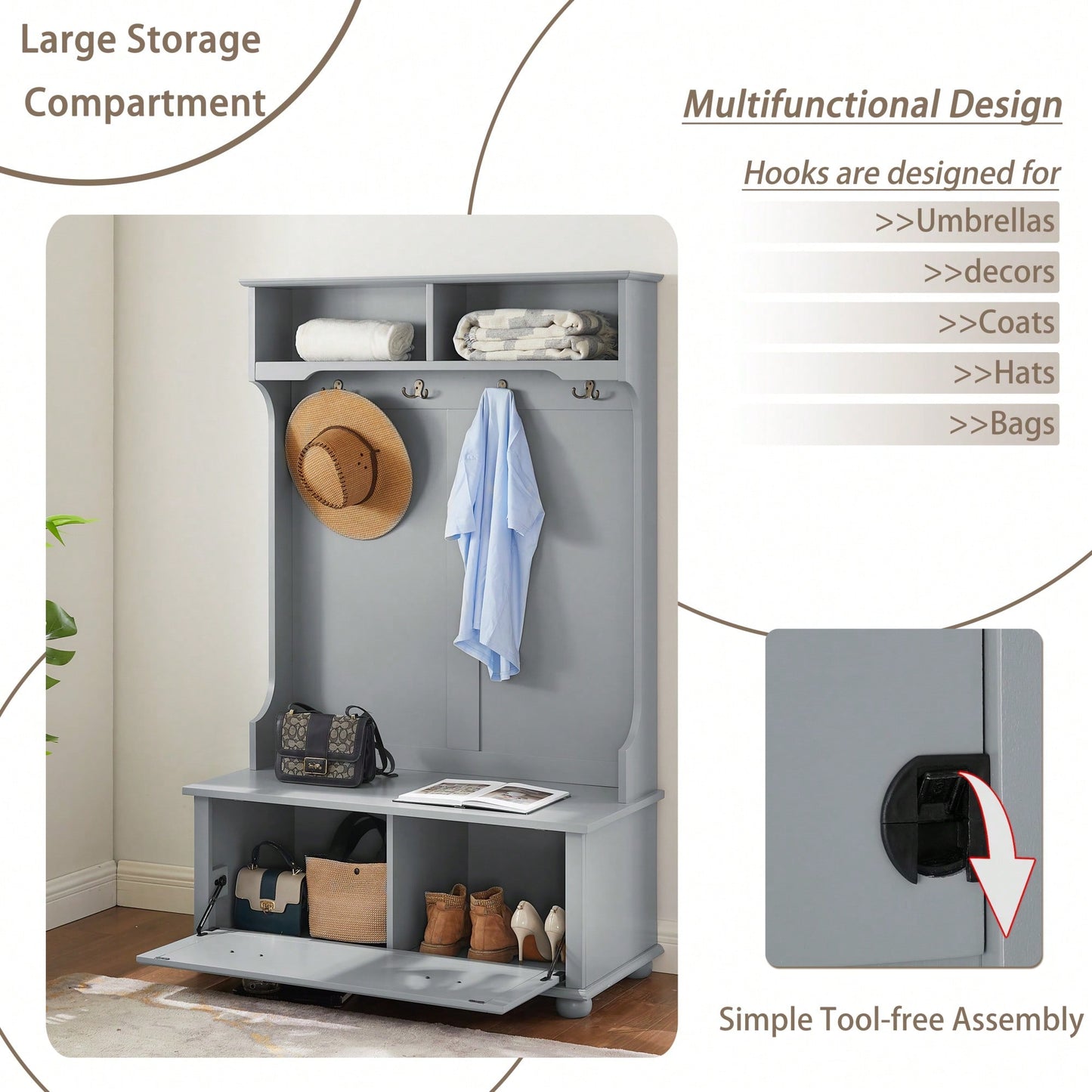 Modern Entryway Hall Tree With Shoe Rack And Coat Hooks Storage Bench Gray 40.16"W 18.58"D 64.17"H