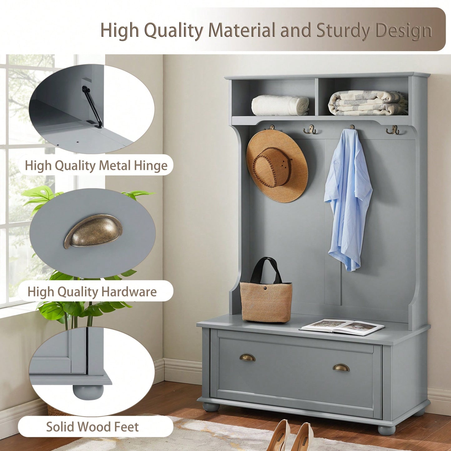 Modern Entryway Hall Tree With Shoe Rack And Coat Hooks Storage Bench Gray 40.16"W 18.58"D 64.17"H