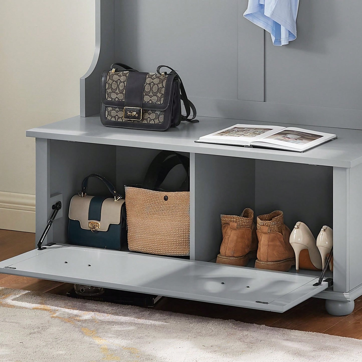 Modern Entryway Hall Tree With Shoe Rack And Coat Hooks Storage Bench Gray 40.16"W 18.58"D 64.17"H