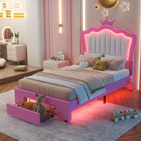 Modern Twin Size Upholstered Bed Frame With LED Lights And Crown Headboard In Pink And White With Storage Drawer