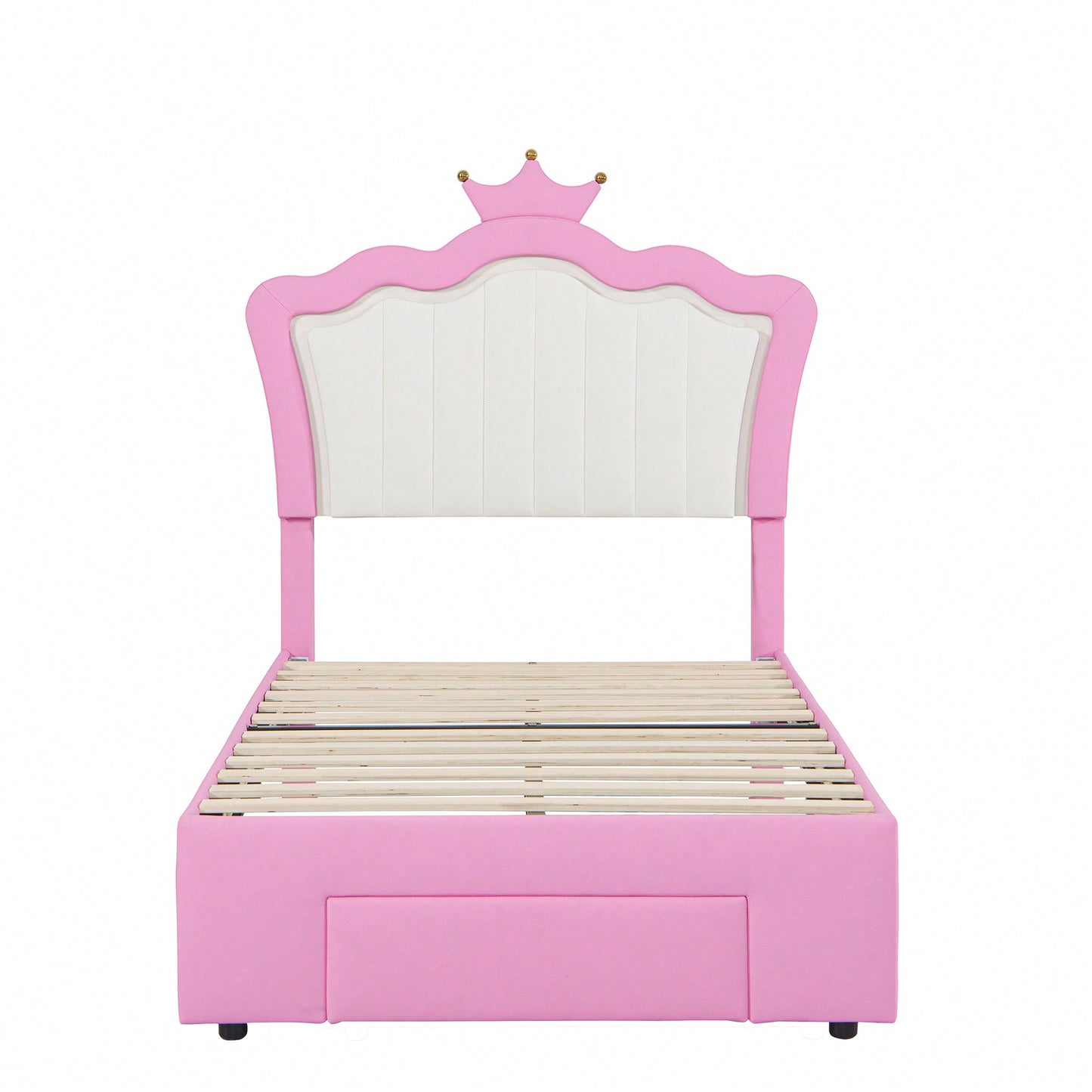 Modern Twin Size Upholstered Bed Frame With LED Lights And Crown Headboard In Pink And White With Storage Drawer