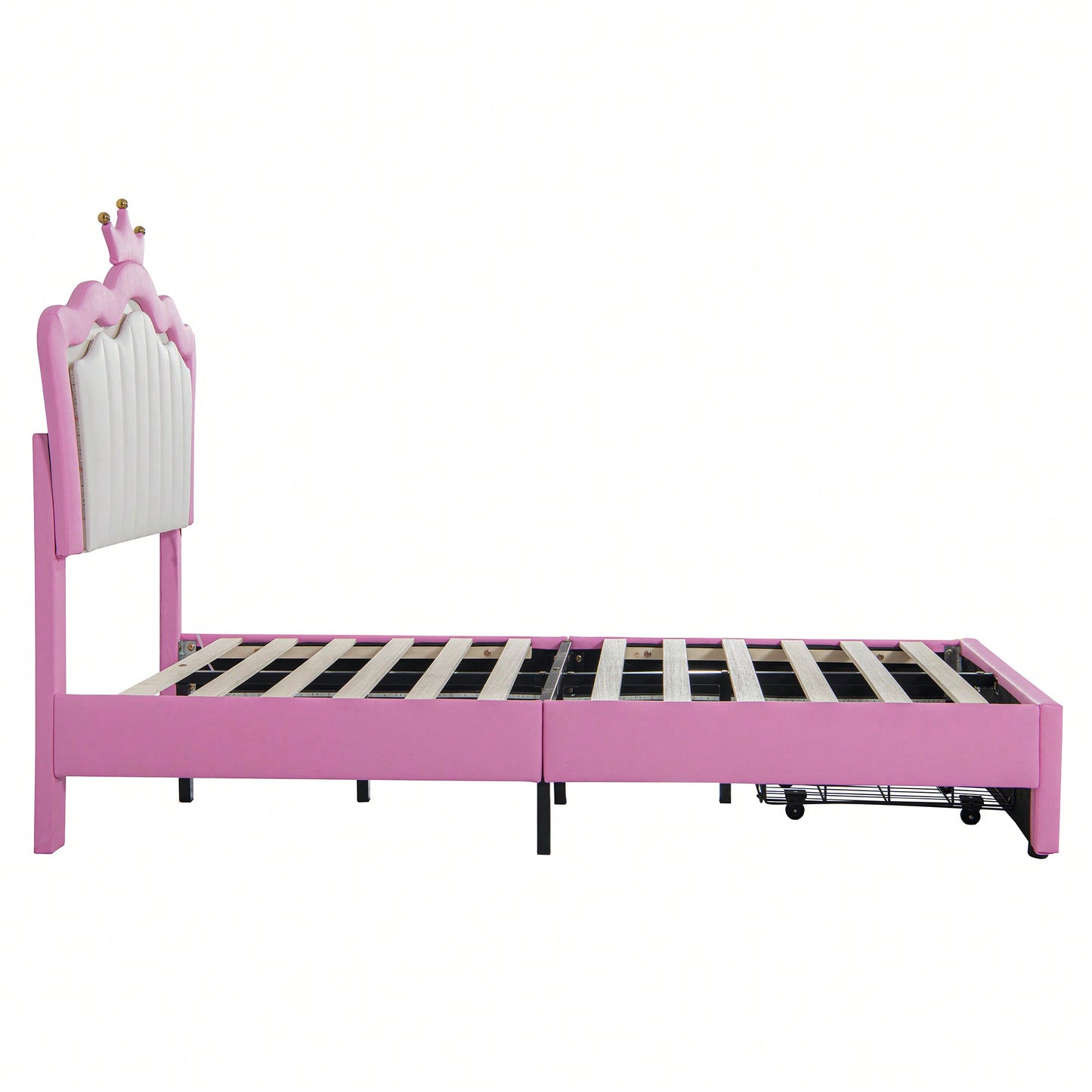 Modern Twin Size Upholstered Bed Frame With LED Lights And Crown Headboard In Pink And White With Storage Drawer