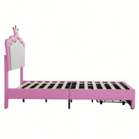 Modern Twin Size Upholstered Bed Frame With LED Lights And Crown Headboard In Pink And White With Storage Drawer