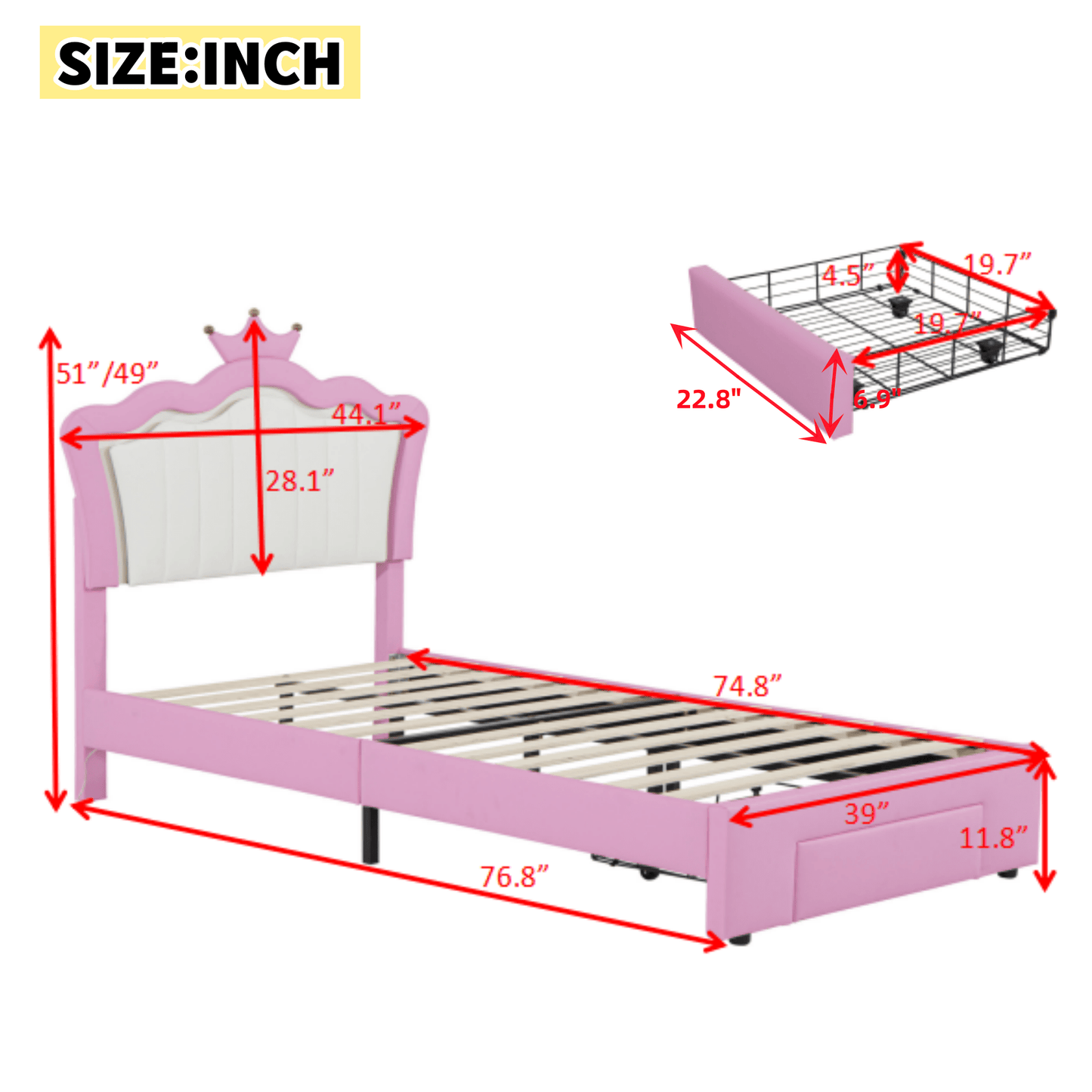 Modern Twin Size Upholstered Bed Frame With LED Lights And Crown Headboard In Pink And White With Storage Drawer