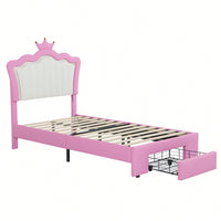 Modern Twin Size Upholstered Bed Frame With LED Lights And Crown Headboard In Pink And White With Storage Drawer