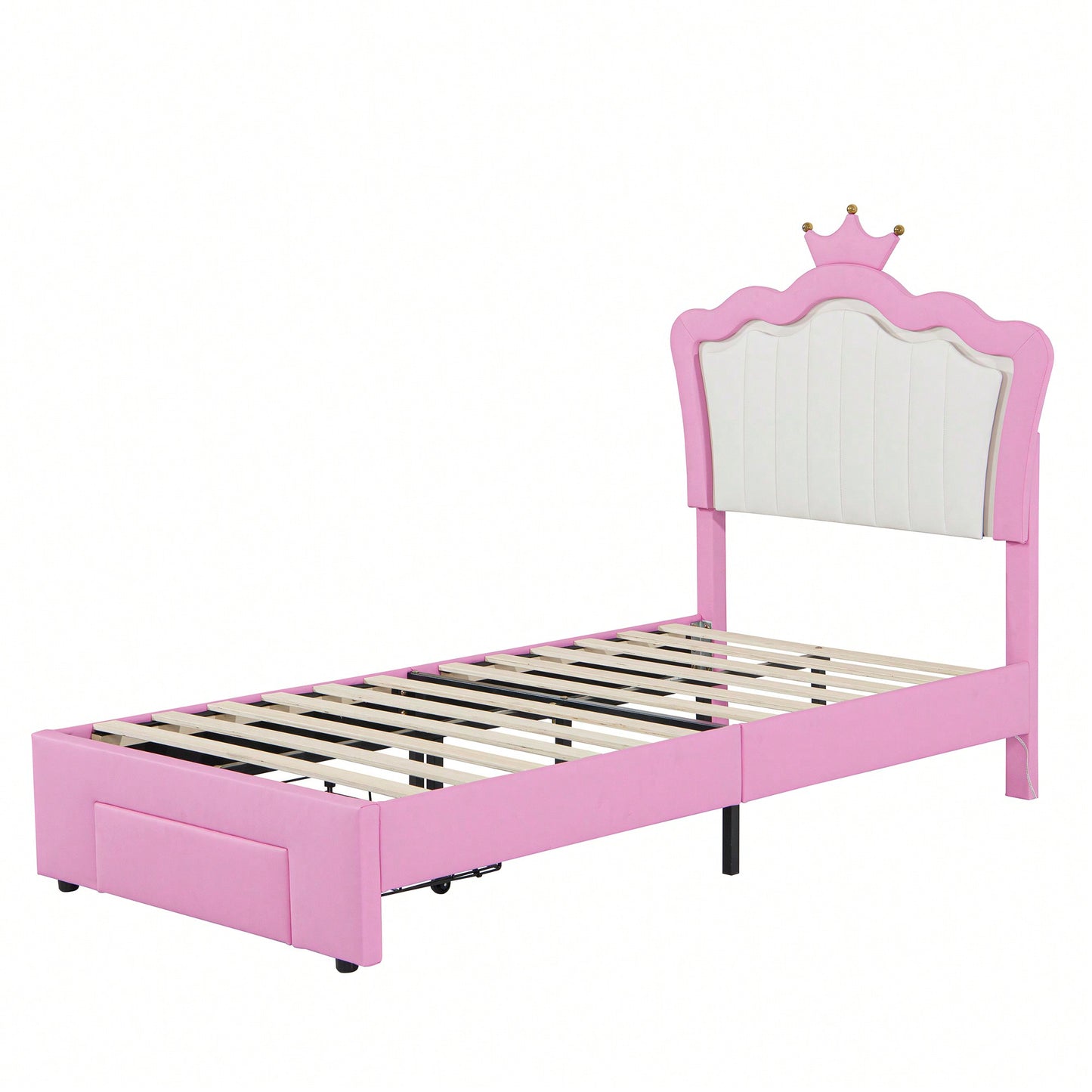 Modern Twin Size Upholstered Bed Frame With LED Lights And Crown Headboard In Pink And White With Storage Drawer