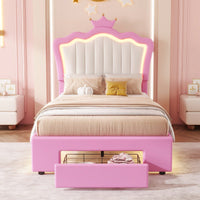 Modern Twin Size Upholstered Bed Frame With LED Lights And Crown Headboard In Pink And White With Storage Drawer