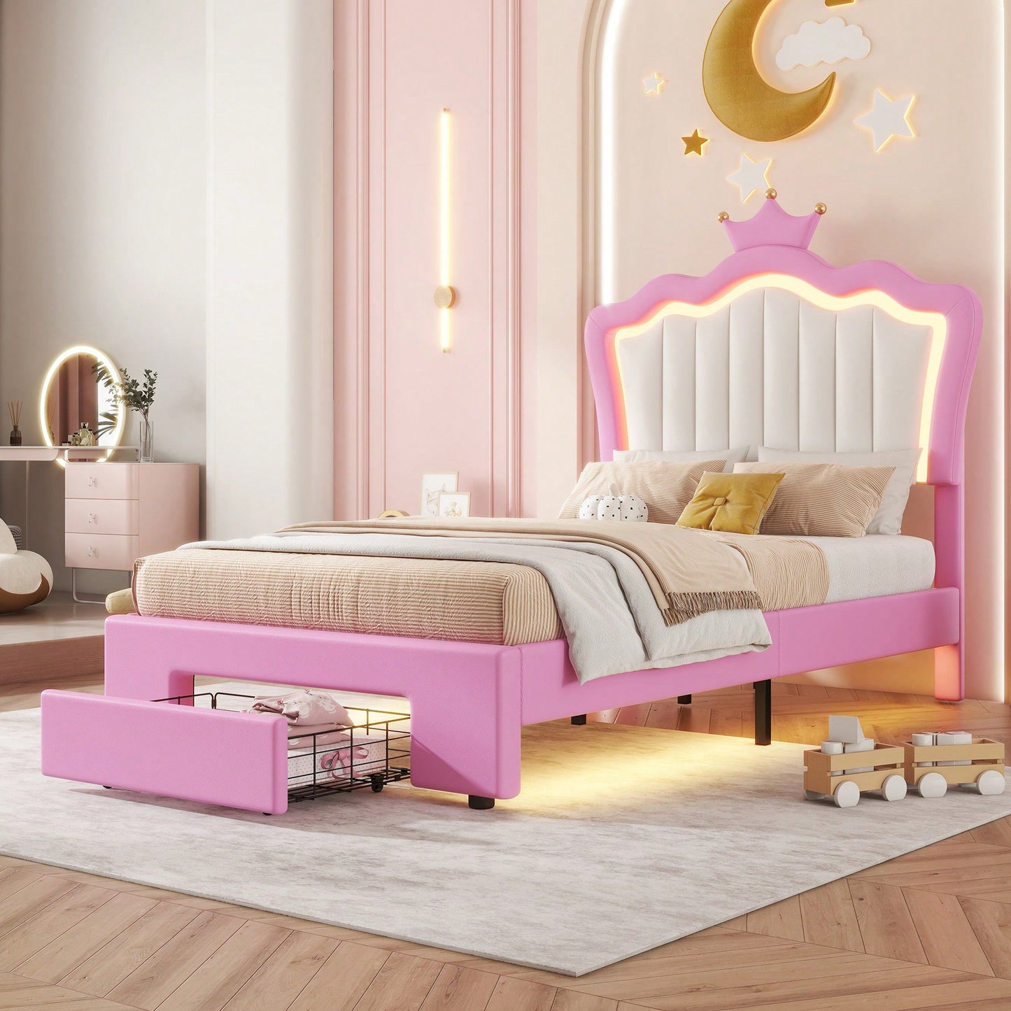 Modern Twin Size Upholstered Bed Frame With LED Lights And Crown Headboard In Pink And White With Storage Drawer