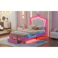 Modern Twin Size Upholstered Bed Frame With LED Lights And Crown Headboard In Pink And White With Storage Drawer