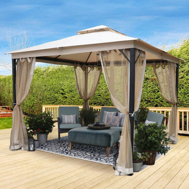 10x10 Feet Soft Top Metal Gazebo With Mosquito Net And Sunshade Curtains Heavy Duty Double Roof Canopy For Gardens Patios And Backyards