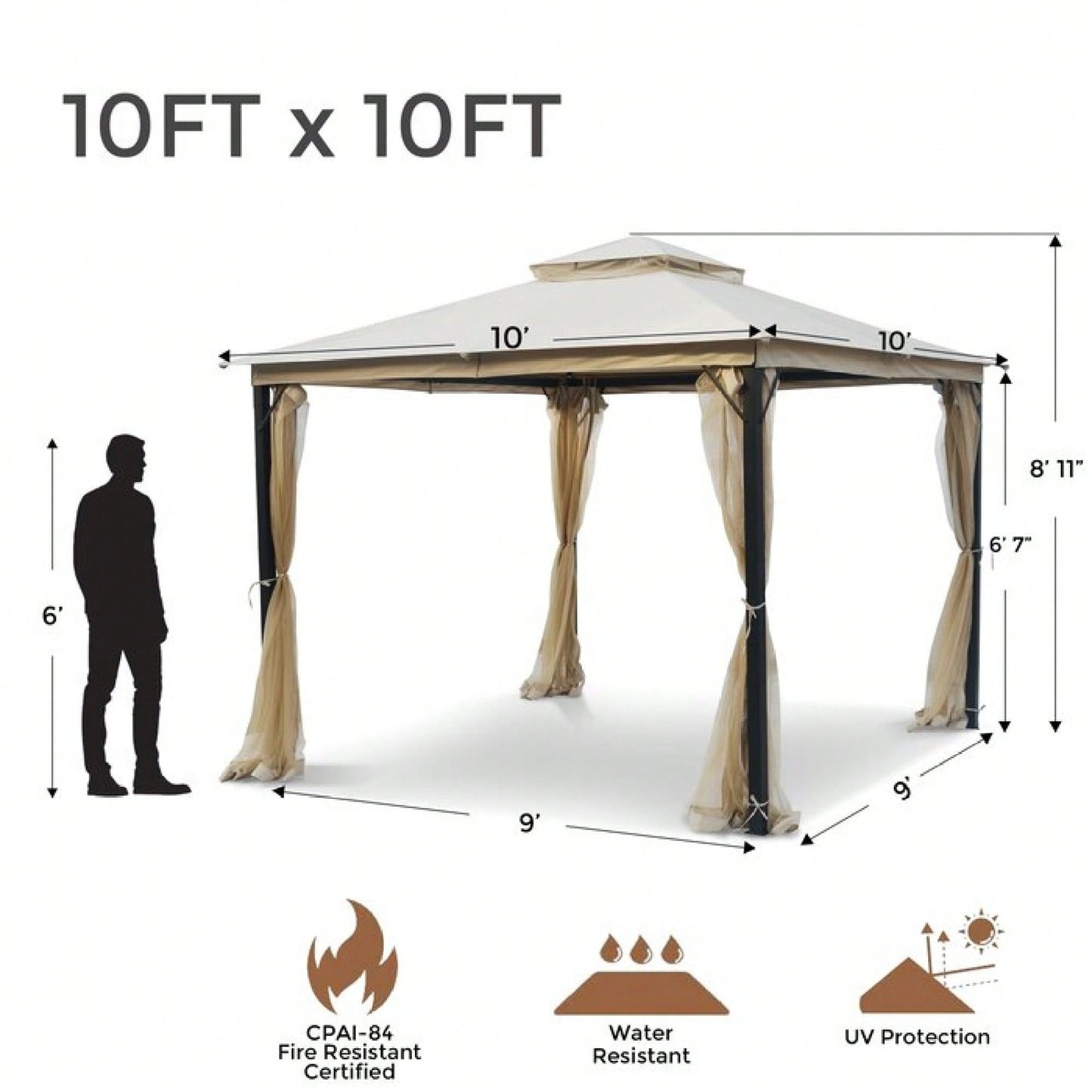 10x10 Feet Soft Top Metal Gazebo With Mosquito Net And Sunshade Curtains Heavy Duty Double Roof Canopy For Gardens Patios And Backyards