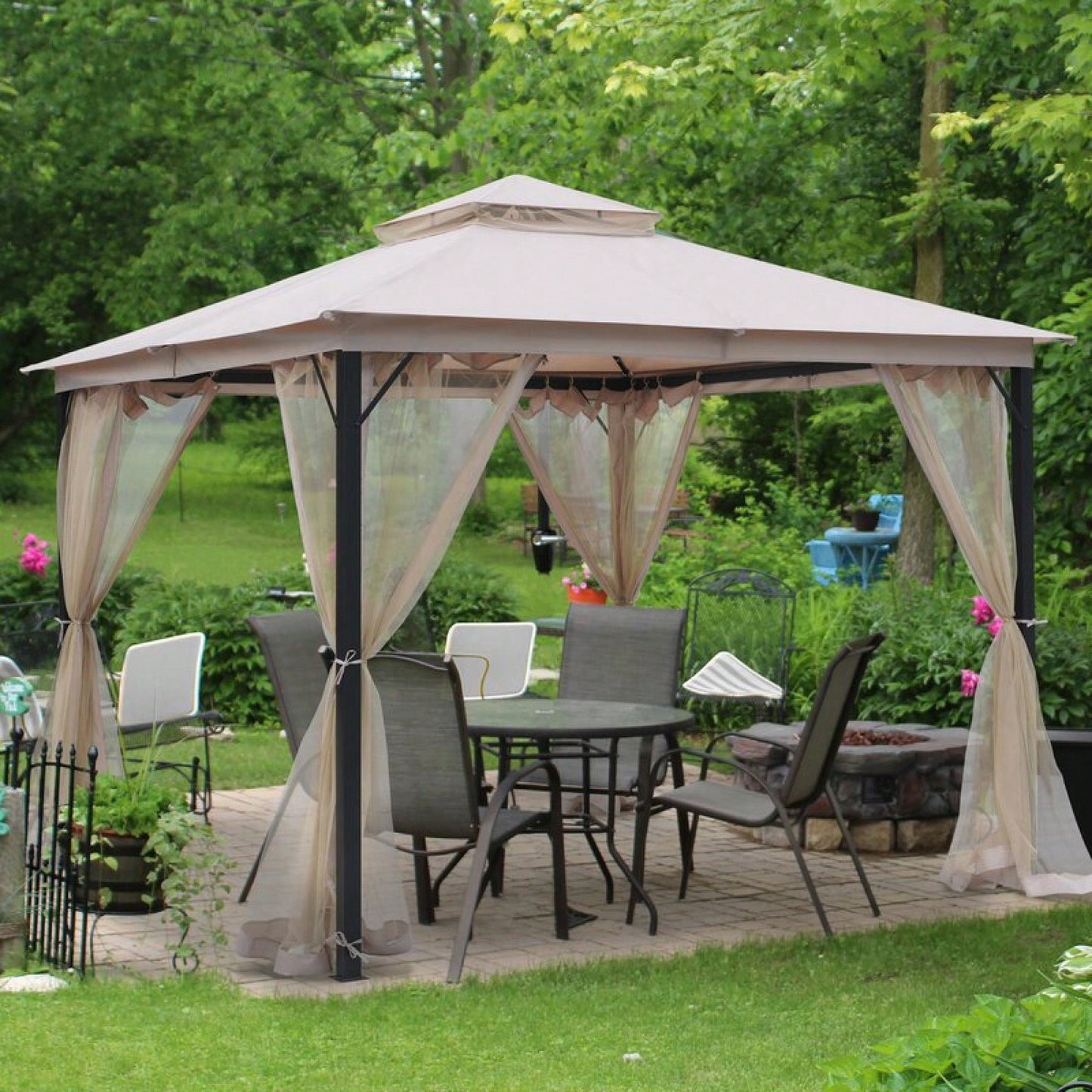 10x10 Feet Soft Top Metal Gazebo With Mosquito Net And Sunshade Curtains Heavy Duty Double Roof Canopy For Gardens Patios And Backyards