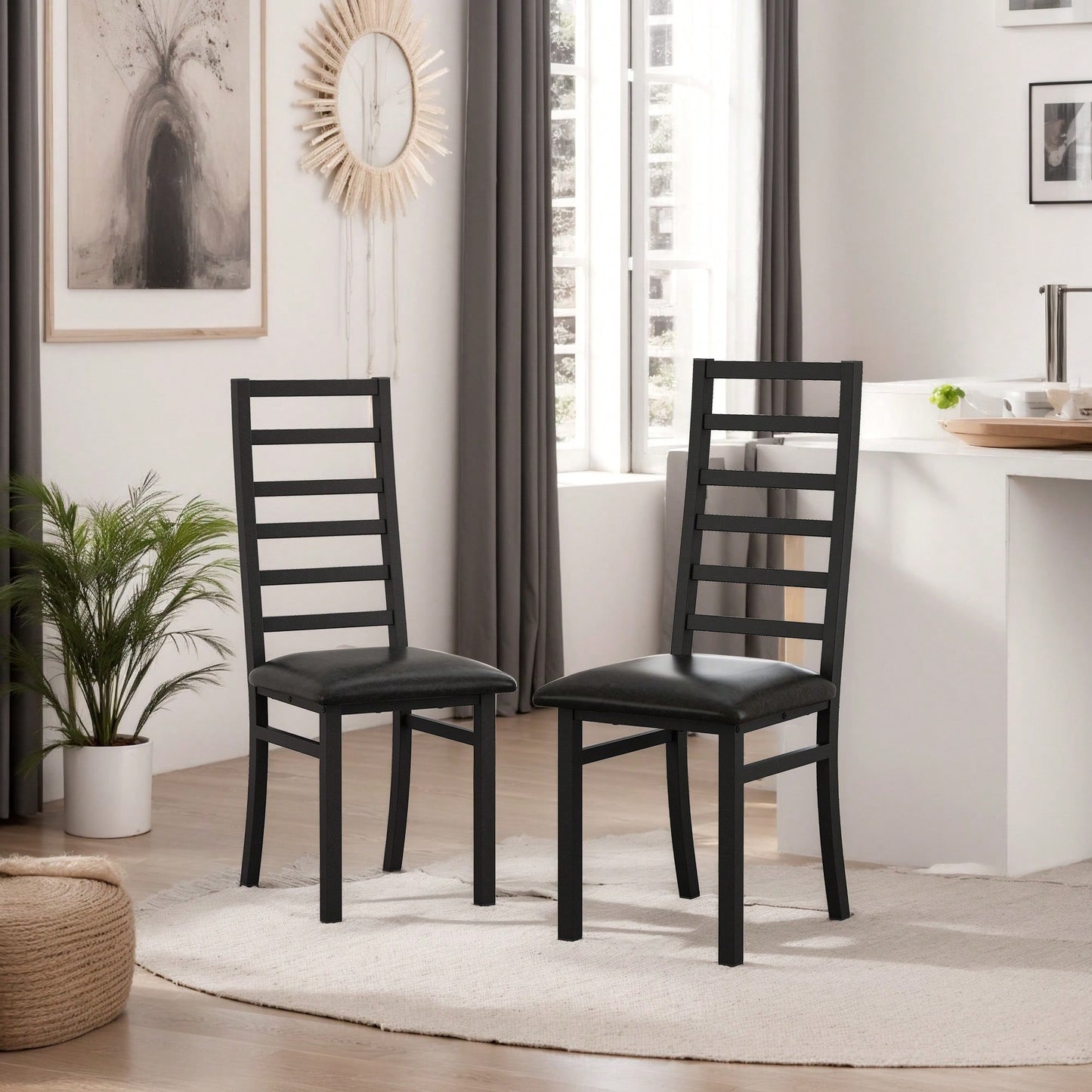 Stylish Set Of 2 Metal Dining Chairs With Steel Legs And PU Leather Seats High Back Armless Design For Kitchen And Living Room Black