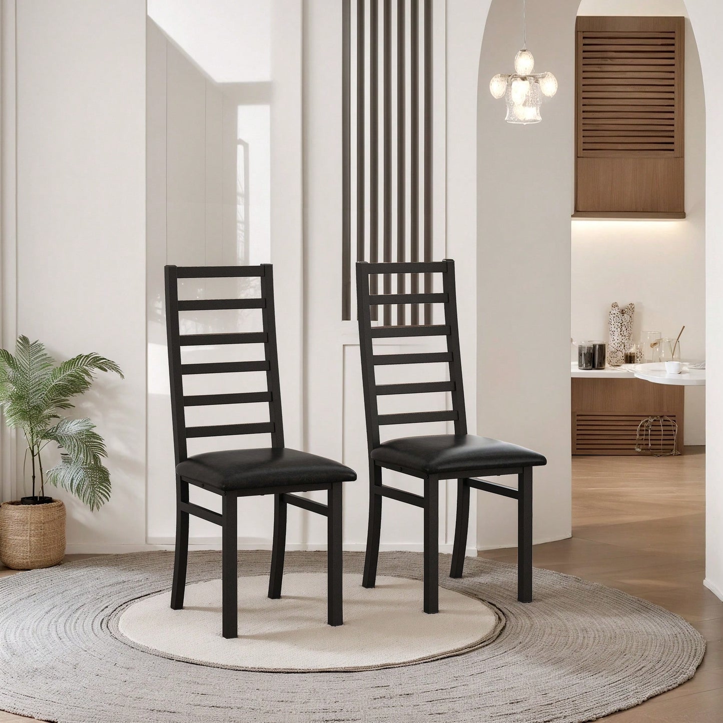 Stylish Set Of 2 Metal Dining Chairs With Steel Legs And PU Leather Seats High Back Armless Design For Kitchen And Living Room Black