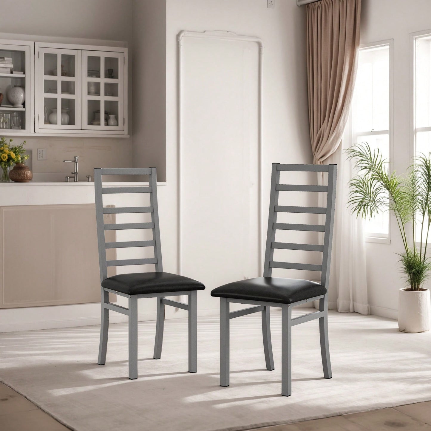 Stylish Set Of 2 Metal Dining Chairs With Steel Legs And PU Leather Seats High Back Armless Design For Kitchen And Living Room Black