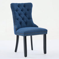 Set Of 2 Modern High-End Tufted Linen Dining Chairs With Wood Legs And Nailhead Trim -Black Fabric And Legs