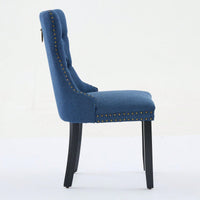 Set Of 2 Modern High-End Tufted Linen Dining Chairs With Wood Legs And Nailhead Trim -Black Fabric And Legs