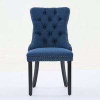 Set Of 2 Modern High-End Tufted Linen Dining Chairs With Wood Legs And Nailhead Trim -Black Fabric And Legs