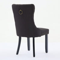 Set Of 2 Modern High-End Tufted Linen Dining Chairs With Wood Legs And Nailhead Trim -Black Fabric And Legs