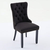 Set Of 2 Modern High-End Tufted Linen Dining Chairs With Wood Legs And Nailhead Trim -Black Fabric And Legs
