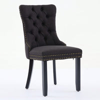Set Of 2 Modern High-End Tufted Linen Dining Chairs With Wood Legs And Nailhead Trim -Black Fabric And Legs