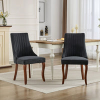 Set Of 2  Comfy Black Rayon Flocked Linen Dining Chairs With Curved Solid Wood Legs For Kitchen And Dining Room
