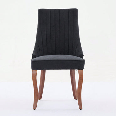 Set Of 2  Comfy Black Rayon Flocked Linen Dining Chairs With Curved Solid Wood Legs For Kitchen And Dining Room