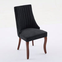 Set Of 2  Comfy Black Rayon Flocked Linen Dining Chairs With Curved Solid Wood Legs For Kitchen And Dining Room