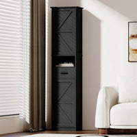 Tall Black Bathroom Storage Cabinet with Barn Doors and Drawer Narrow Unit with Adjustable Shelves for Bathroom Living Room Entryway Kitchen