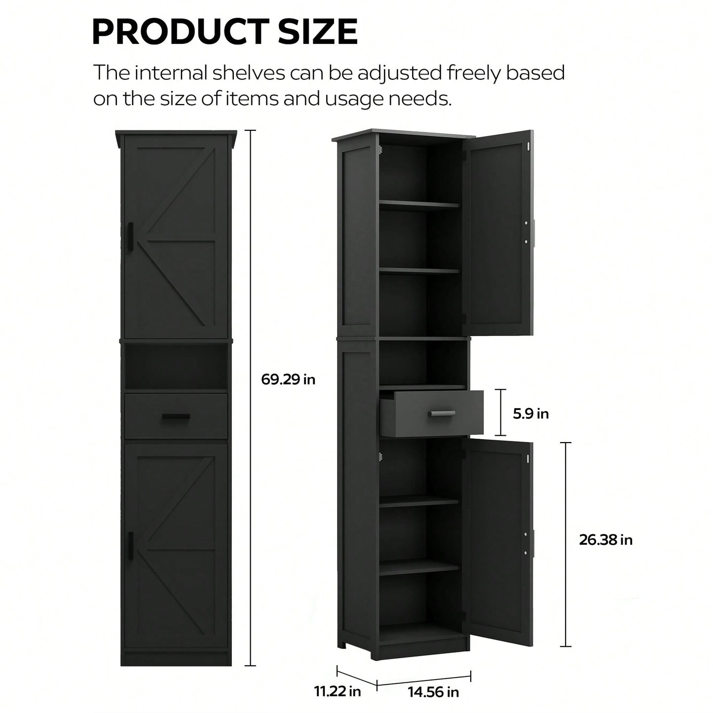 Tall Black Bathroom Storage Cabinet with Barn Doors and Drawer Narrow Unit with Adjustable Shelves for Bathroom Living Room Entryway Kitchen