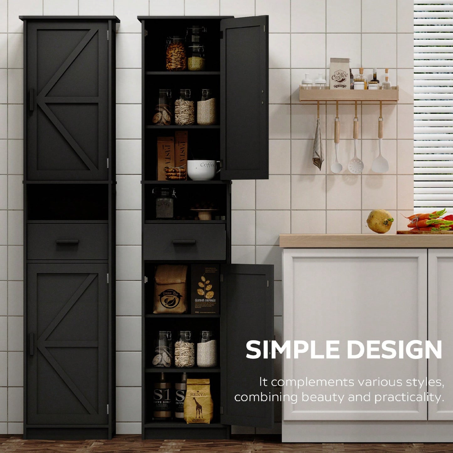 Tall Black Bathroom Storage Cabinet with Barn Doors and Drawer Narrow Unit with Adjustable Shelves for Bathroom Living Room Entryway Kitchen