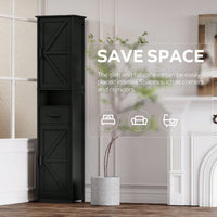 Tall Black Bathroom Storage Cabinet with Barn Doors and Drawer Narrow Unit with Adjustable Shelves for Bathroom Living Room Entryway Kitchen