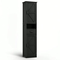 Tall Black Bathroom Storage Cabinet with Barn Doors and Drawer Narrow Unit with Adjustable Shelves for Bathroom Living Room Entryway Kitchen