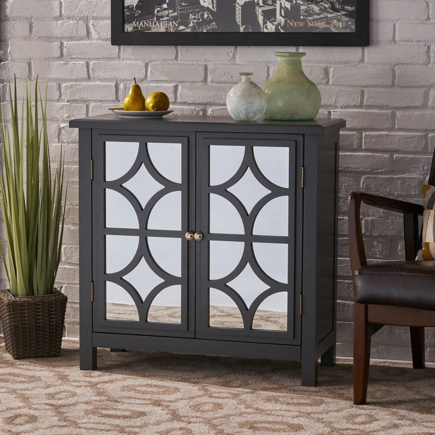 Double Door Cabinet With Mirror Finish For Stylish Storage Solutions Charcoal Grey