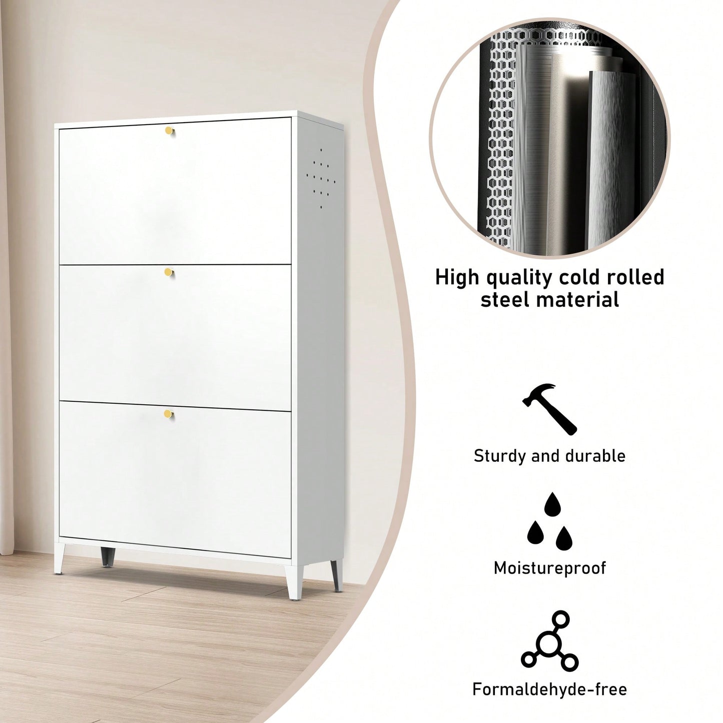 Freestanding 3 Drawer Steel Shoe Cabinet With Flip Door Modern Storage Organizer For Entryway Hallway Bedroom In White